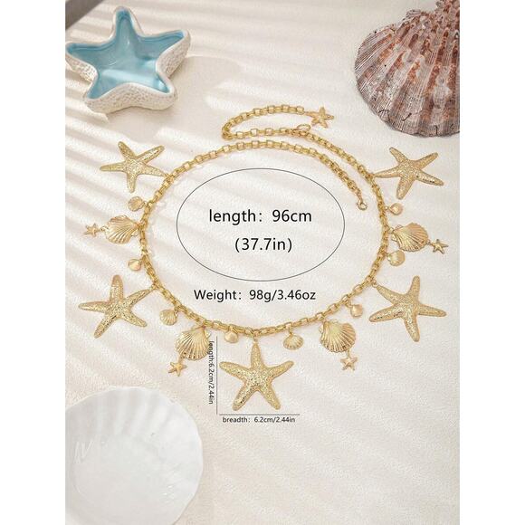 Blue Starfish & Beach Boho Gold Golden Seashell Waist Chain Belt - Picture 3 of 3